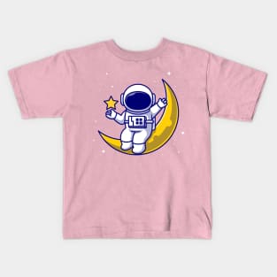 Astronauts Sitting On The Moon With Star Cartoon Kids T-Shirt